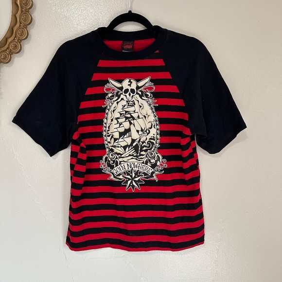 Vintage Felon Clothing Brand Short Sleeve Striped Pirate Ship T-Shirt - Picture 1 of 7